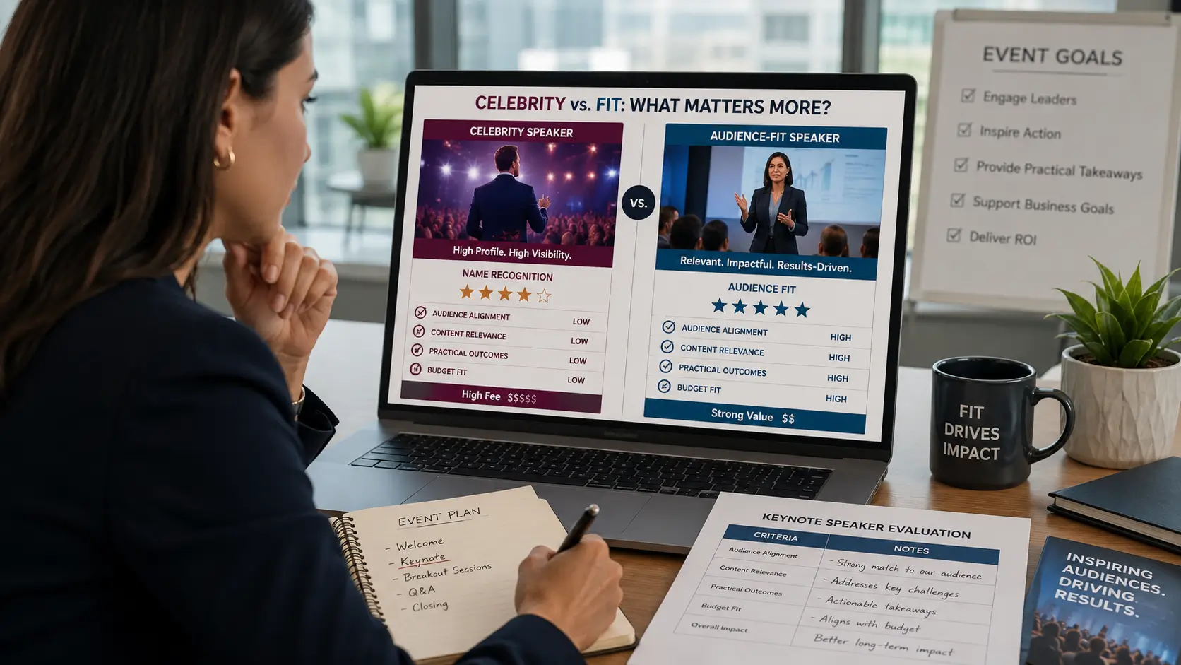 Corporate event planner evaluating keynote speaker fit versus celebrity status, why audience alignment matters more than name recognition when hiring a speaker