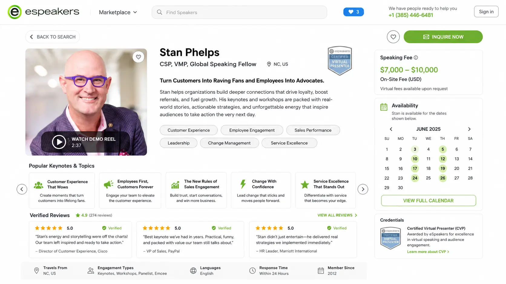 Complete professional speaker profile on eSpeakers Marketplace showing bio, demo reel, topic pages, verified reviews, availability calendar, fee range, and CVP credential badge