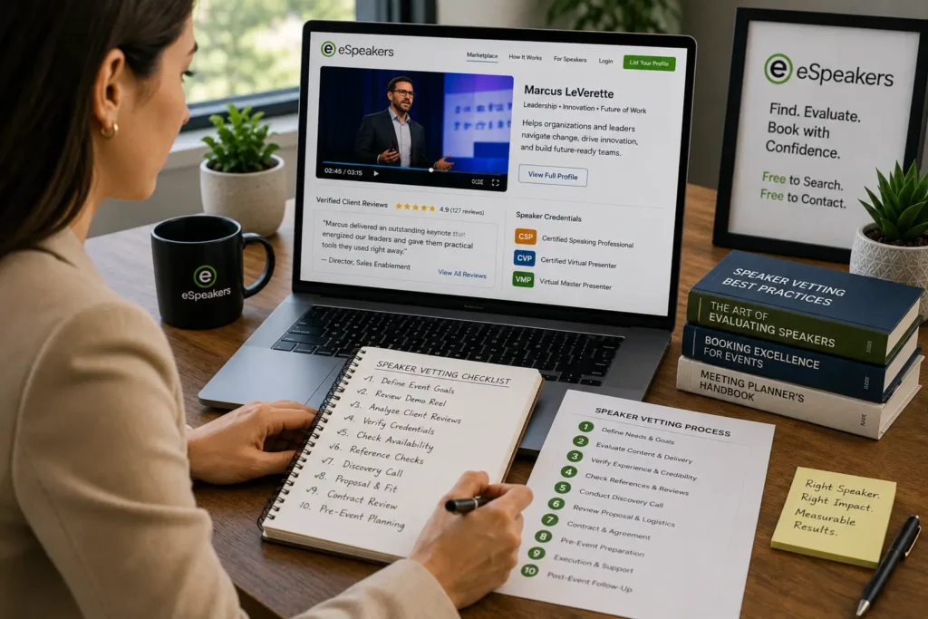 Corporate event manager working through speaker vetting checklist, evaluating keynote speaker candidates using reels, references, discovery calls, and credential verification