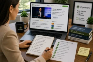 Corporate event manager working through speaker vetting checklist, evaluating keynote speaker candidates using reels, references, discovery calls, and credential verification