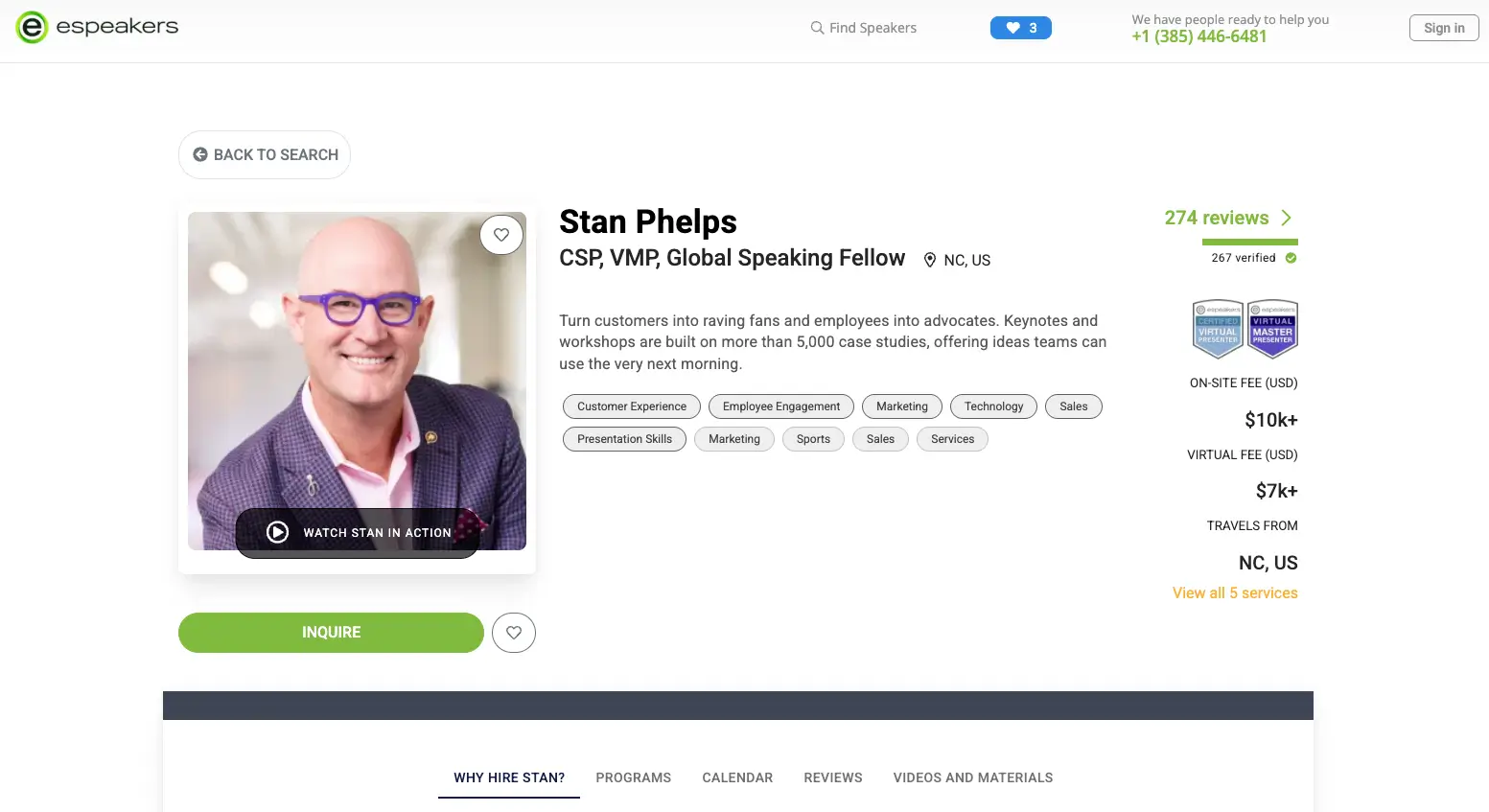 CVP Certified Virtual Presenter badge displayed on an eSpeakers Marketplace speaker profile page