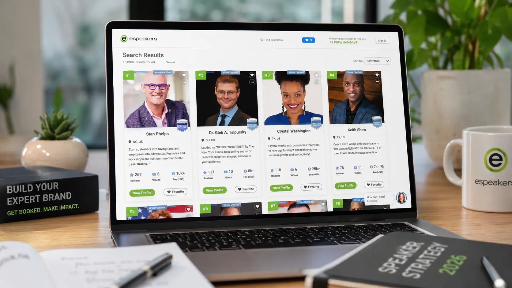 eSpeakers eSEO ranking algorithm showing the eight factors that determine speaker directory search ranking, profile completeness, demo reel, verified reviews, credentials, and calendar activity