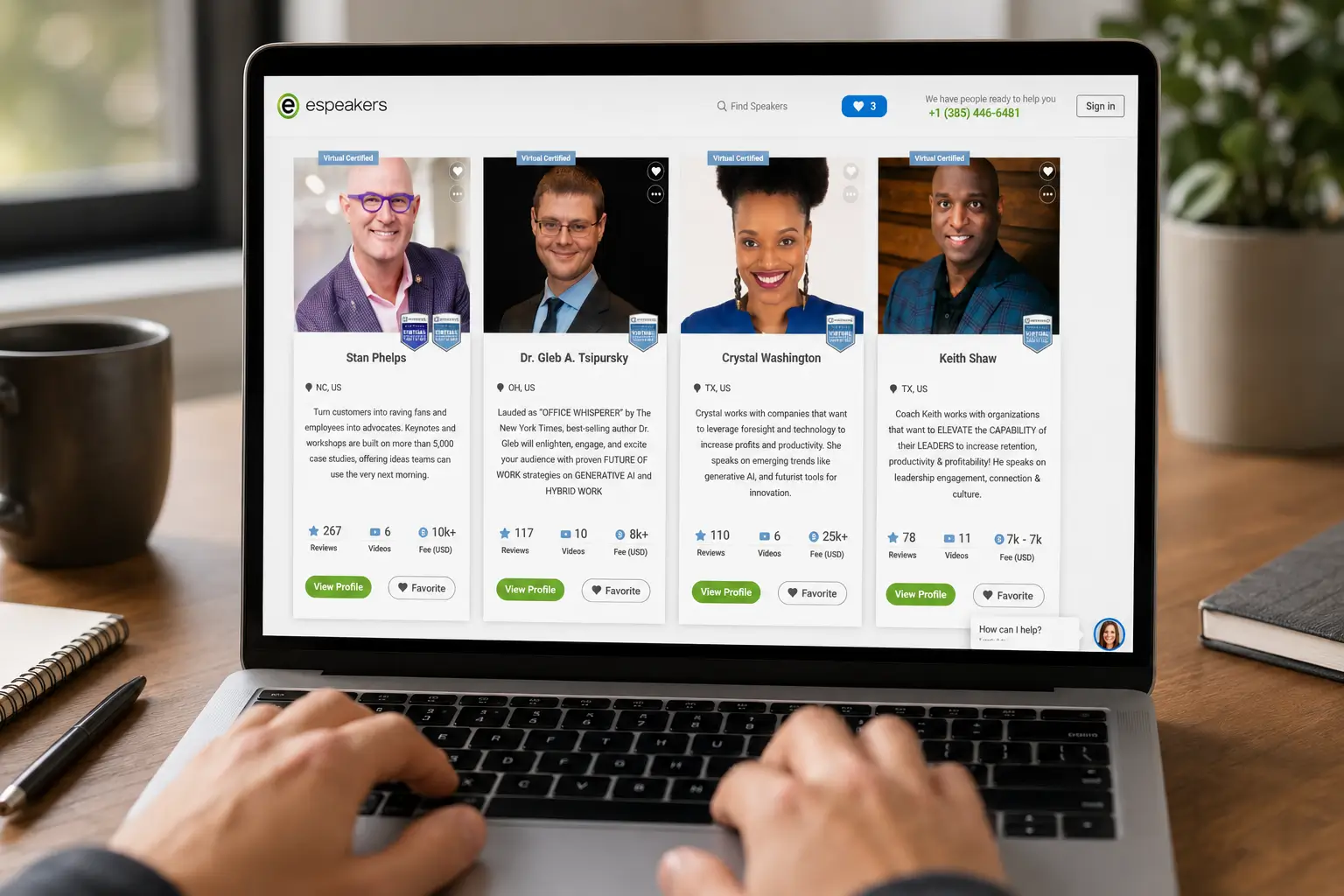 eSpeakers Marketplace search results showing speaker profiles with photos, credentials, reviews, and fee ranges, how to get more speaking gigs through directory presence