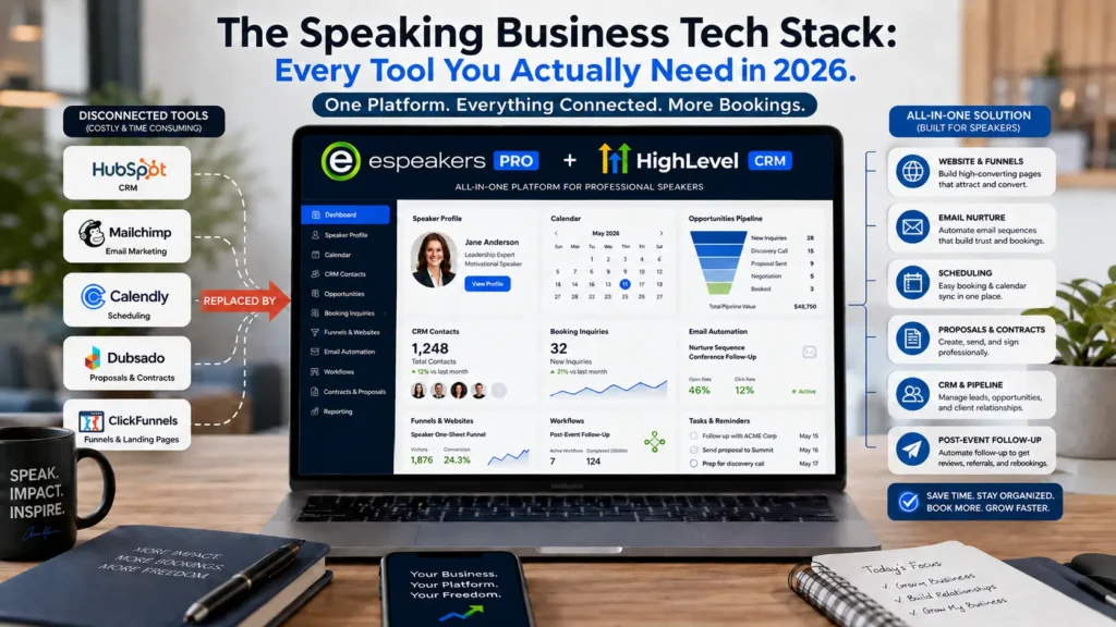 eSpeakers PRO and HighLevel CRM integration showing profile, pipeline, calendar, funnels, and email marketing connected as one speaker business platform