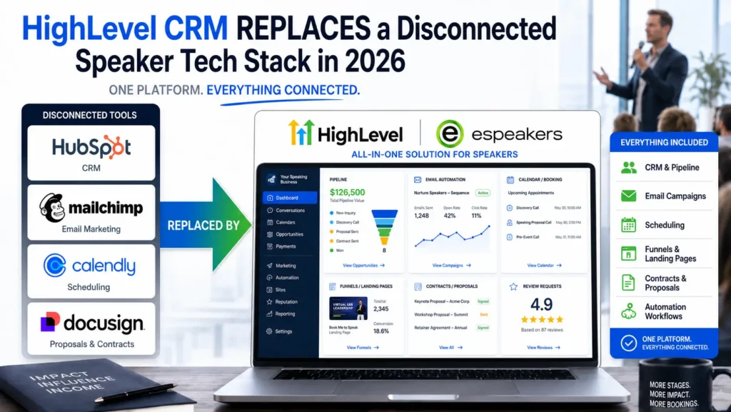 Diagram showing HighLevel CRM for speakers replacing disconnected tools, including HubSpot, Mailchimp, Calendly, and Docusign, all included with eSpeakers PRO