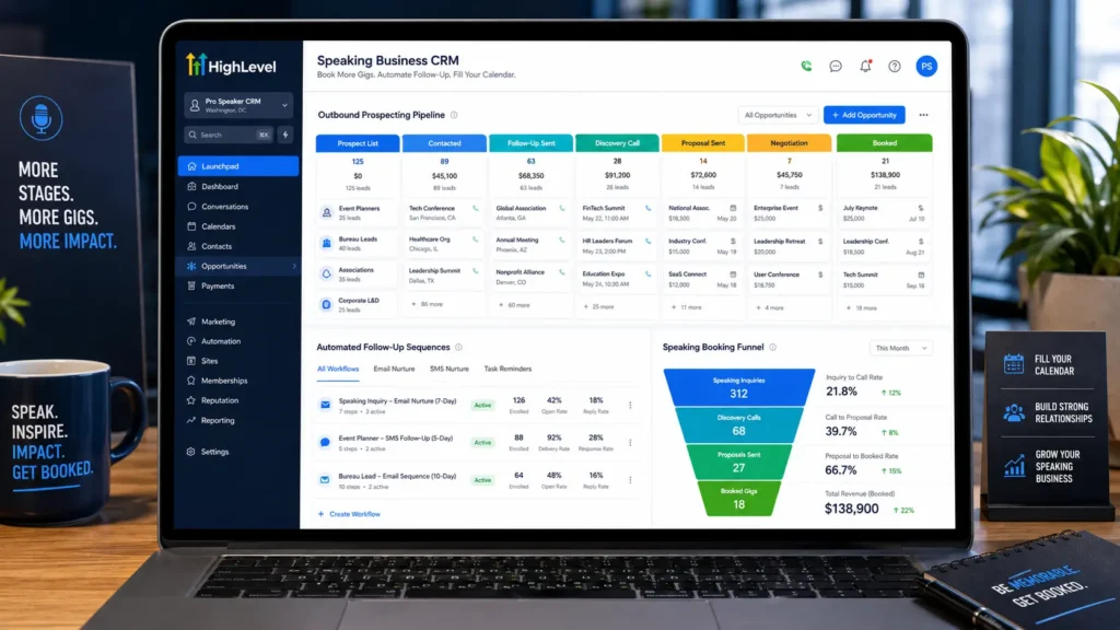 HighLevel CRM configured as a speaking business booking engine showing outbound prospecting pipeline, automated follow-up sequences, and booking conversion funnel