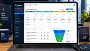 HighLevel CRM configured as a speaking business booking engine showing outbound prospecting pipeline, automated follow-up sequences, and booking conversion funnel