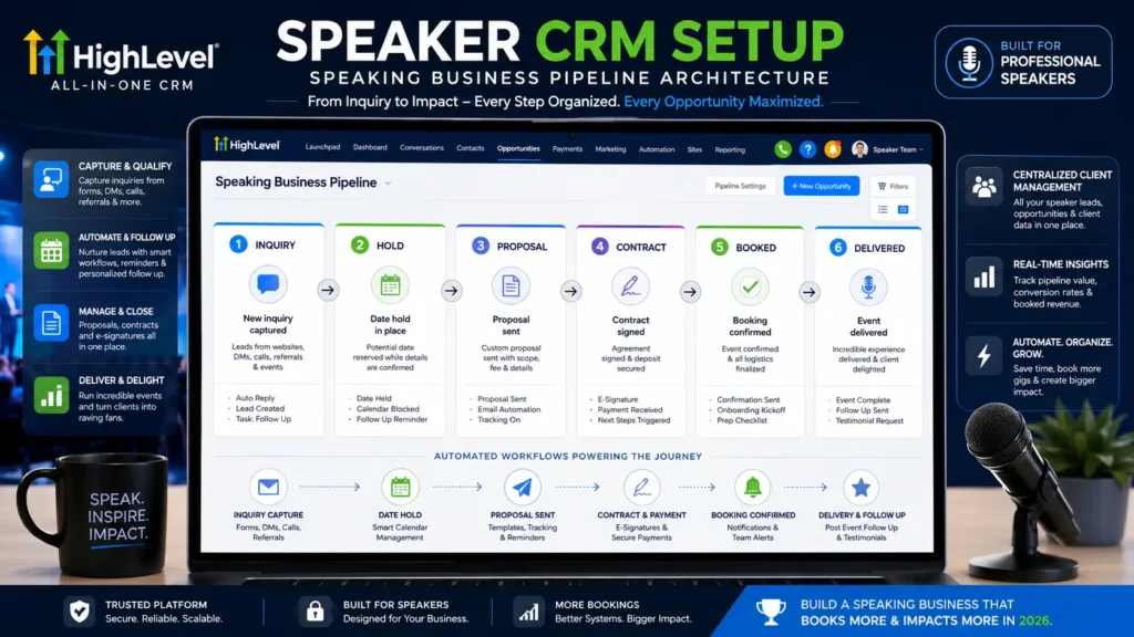 HighLevel CRM setup for professional speakers showing pipeline stages, Inquiry, Hold, Proposal, Contract, Booked, Delivered, configured for speaking business booking lifecycle
