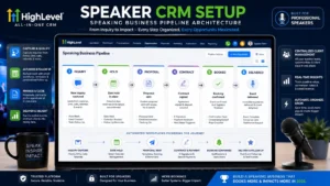 HighLevel CRM setup for professional speakers showing pipeline stages, Inquiry, Hold, Proposal, Contract, Booked, Delivered, configured for speaking business booking lifecycle