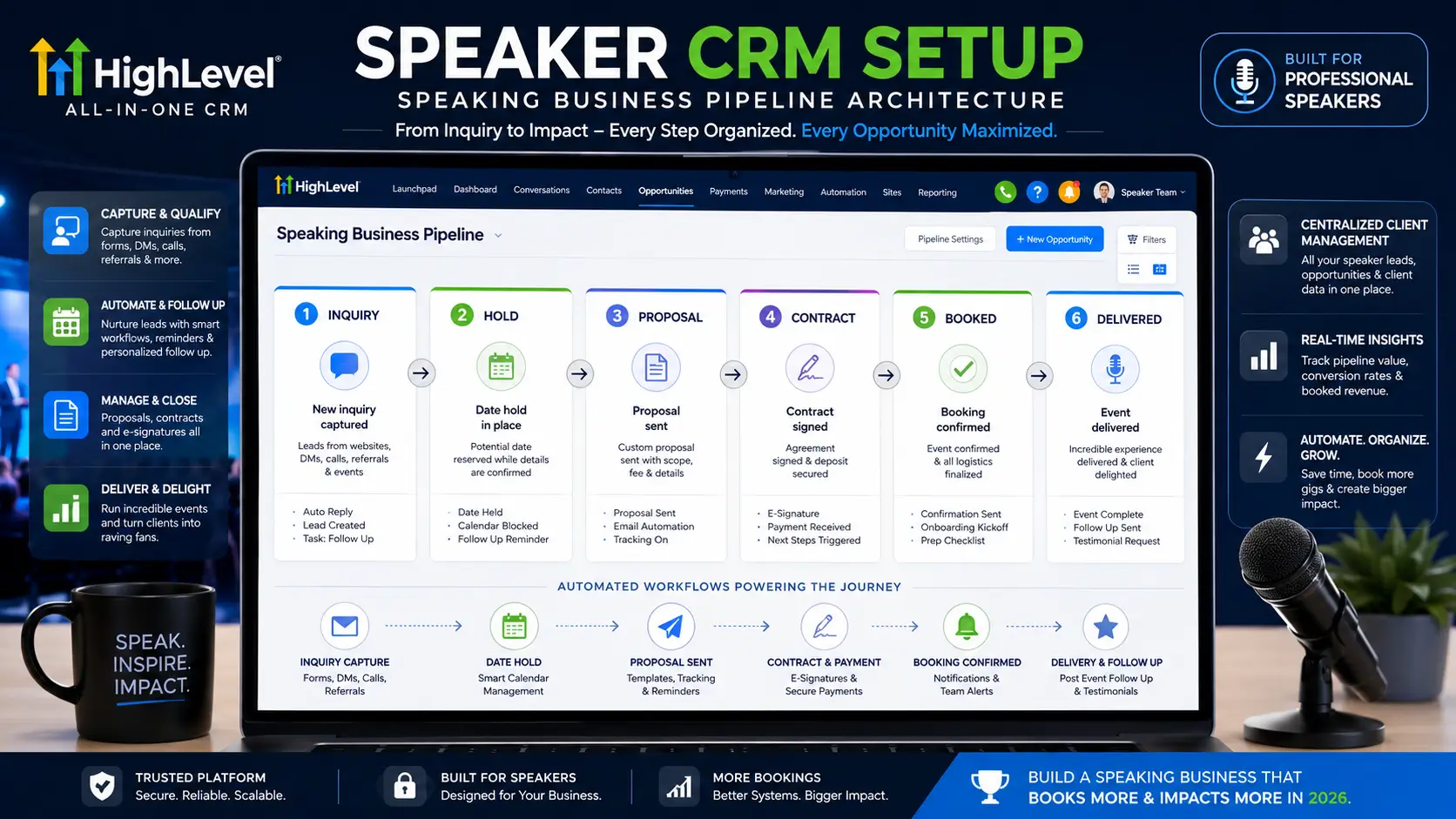 HighLevel CRM setup for professional speakers showing pipeline stages, Inquiry, Hold, Proposal, Contract, Booked, Delivered, configured for speaking business booking lifecycle