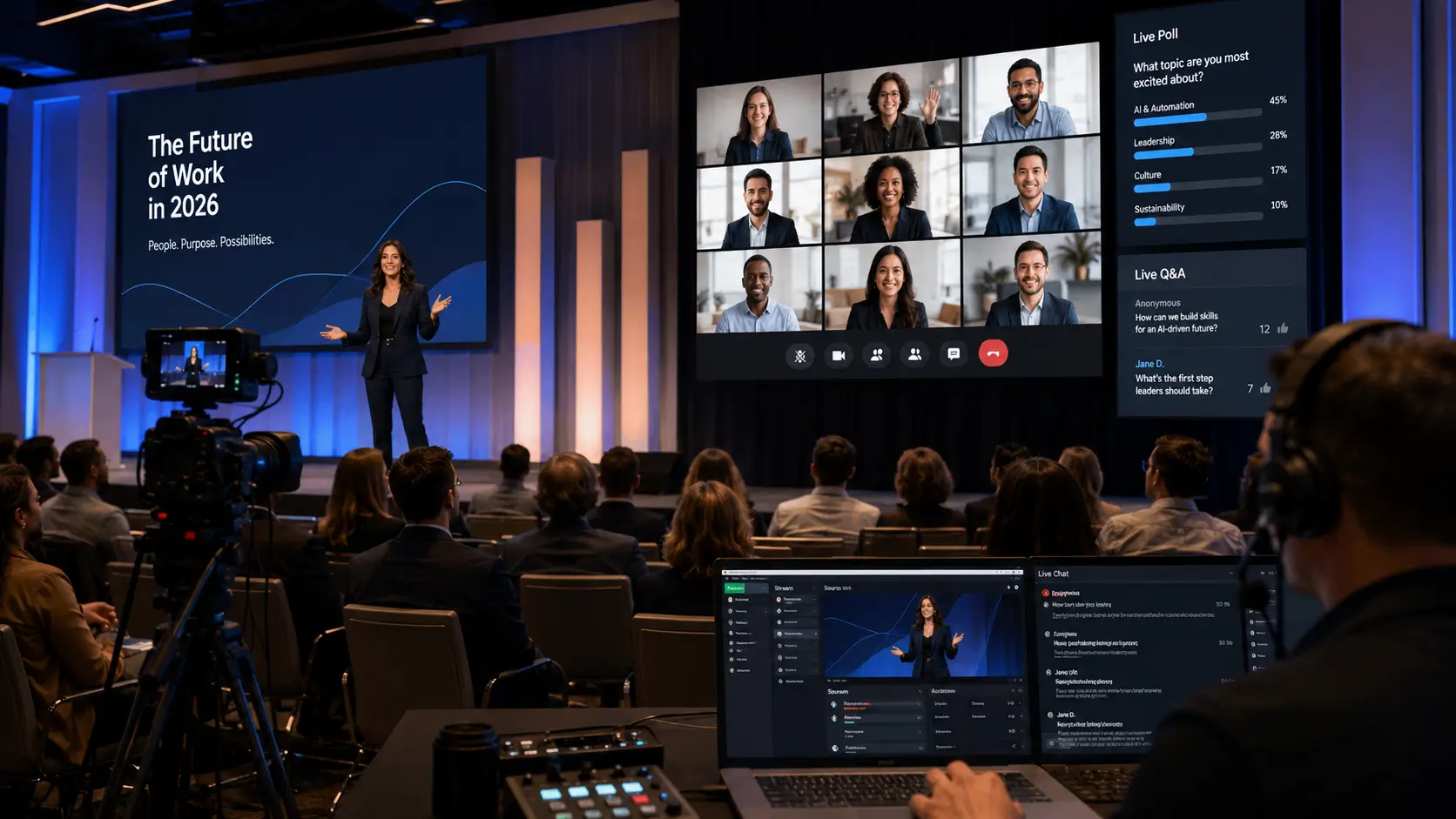 Hybrid corporate event setup with keynote speaker serving simultaneous in-person and virtual audiences, dedicated camera feed, virtual moderator, and interaction tools for both audience types