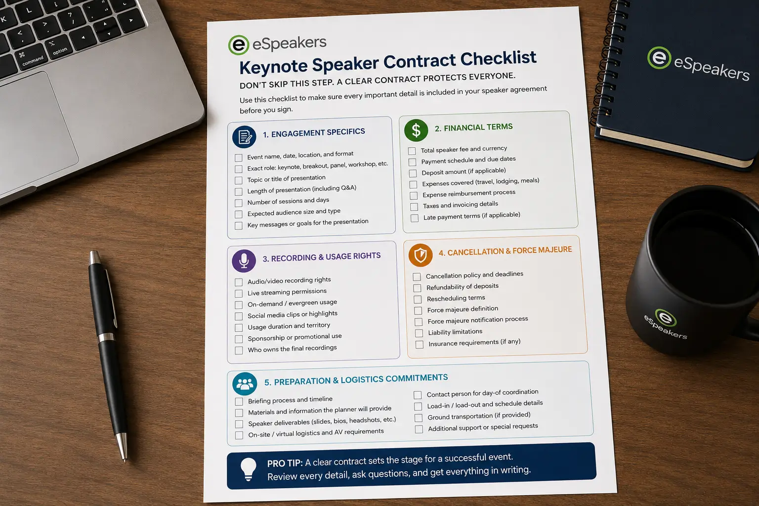 Keynote speaker contract checklist for corporate event planners, covering engagement specifics, financial terms, recording rights, cancellation clauses, and preparation commitments