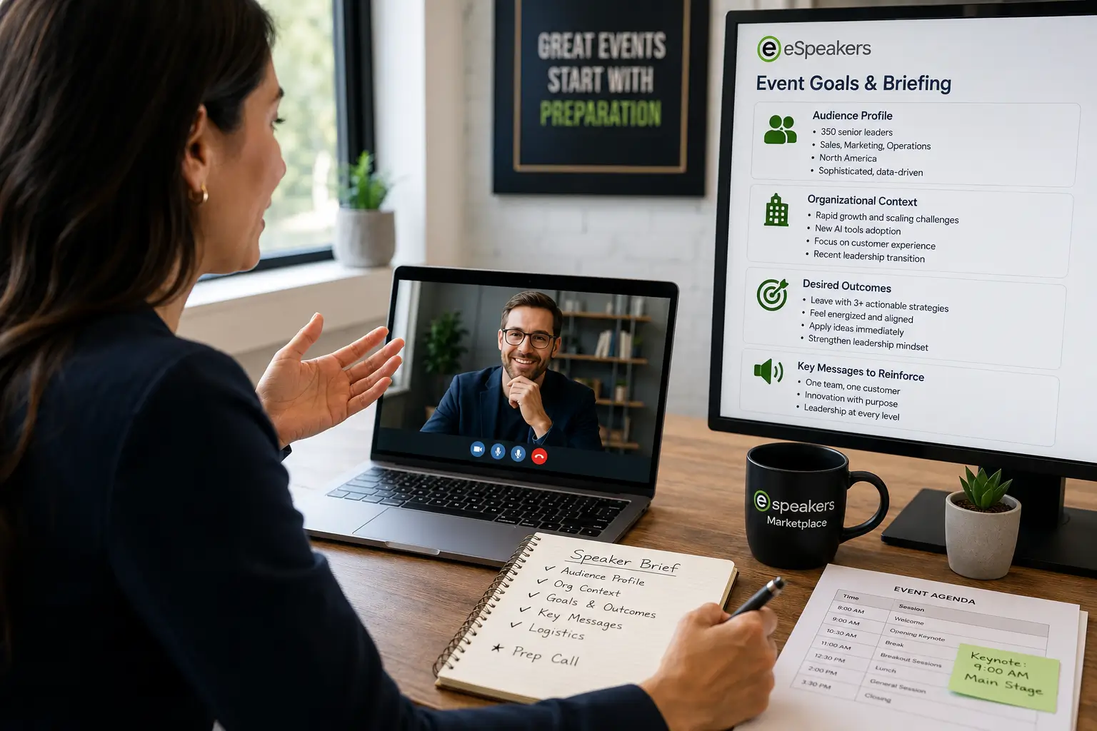 Meeting planner conducting speaker preparation call, delivering detailed audience profile, organizational context, and outcome goals to maximize keynote speaker impact at corporate event