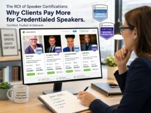 Meeting planner reviewing speaker profiles showing CSP and CVP credential badges on a speaker directory, credentialed speakers earn higher fees