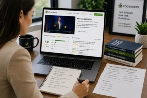 Meeting planner systematically evaluating keynote speaker demo reel and verified client reviews on eSpeakers Marketplace before booking for corporate event