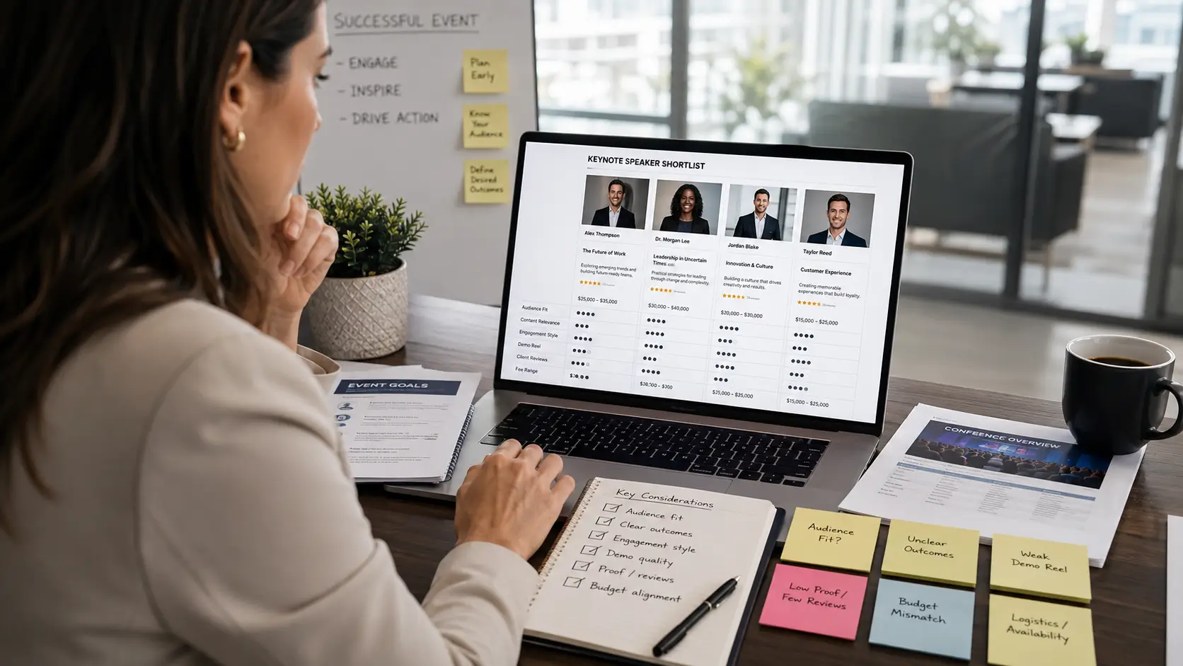 Meeting planner reviewing speaker shortlist for a corporate conference, the 7 most common and costly mistakes in the keynote speaker hiring process
