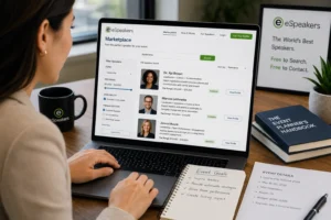Meeting planner searching for keynote speakers on the eSpeakers Marketplace directory, filtering by topic, fee range, and availability to find the right speaker for a corporate event