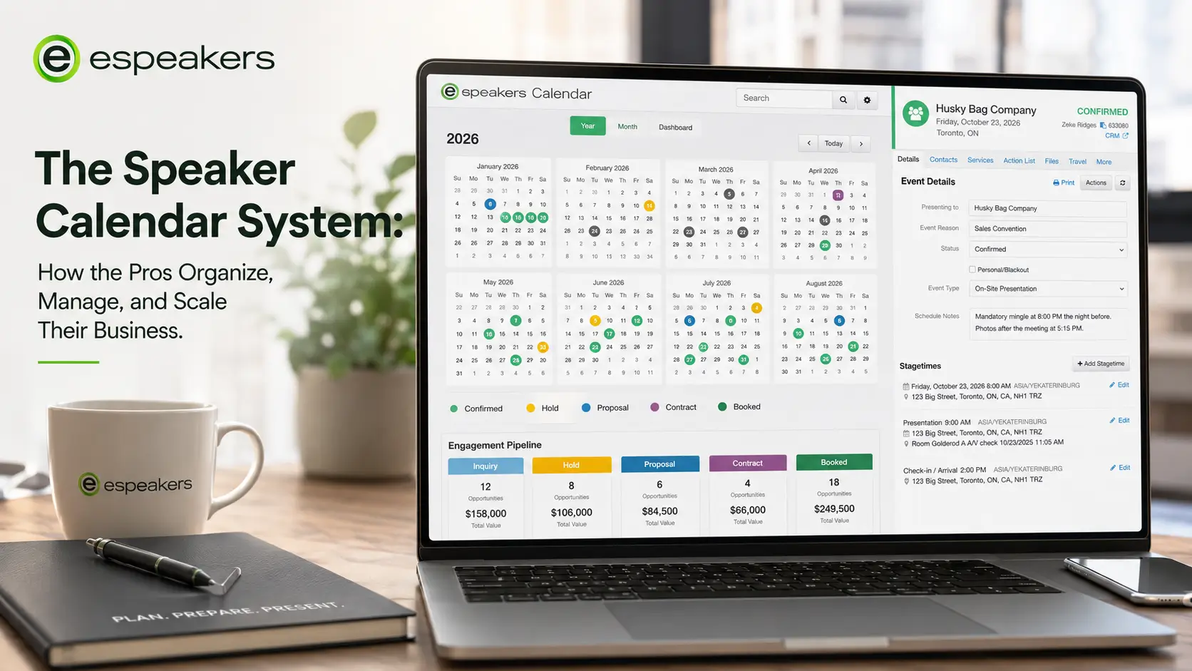 Professional speaker booking calendar system showing holds, confirmed engagements, and pipeline stages in eSpeakers Calendar