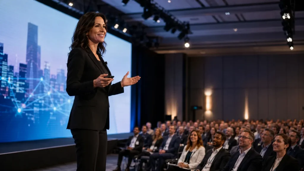 Professional keynote speaker presenting at a corporate conference, strategies for getting more speaking gigs in 2026