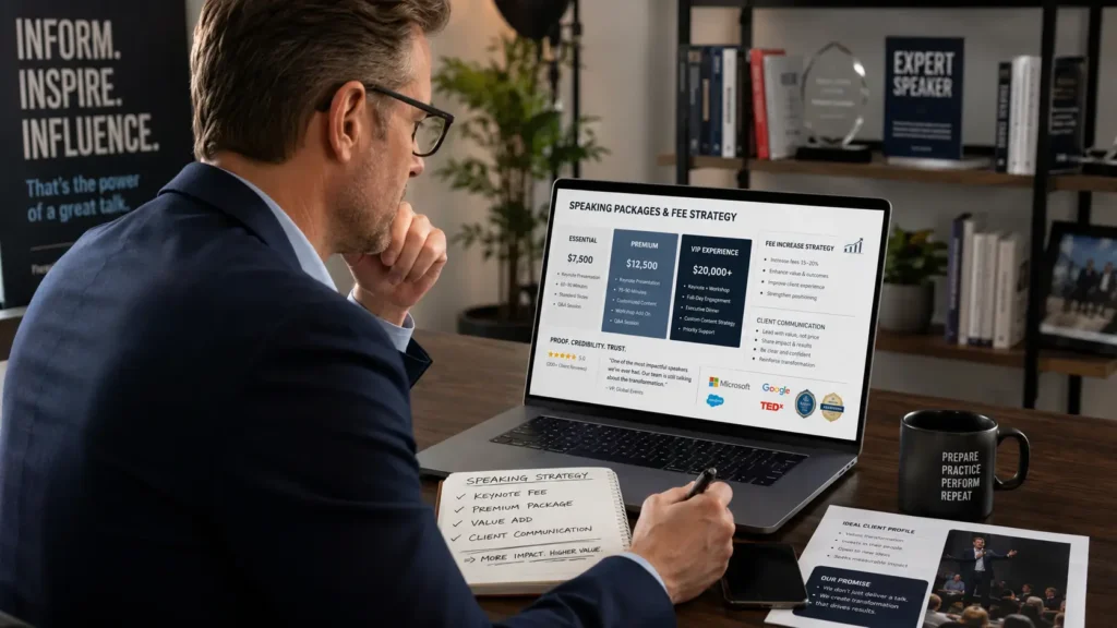 Professional speaker reviewing fee strategy, how to raise your speaking fee without losing clients using tiered communication and credential-supported positioning