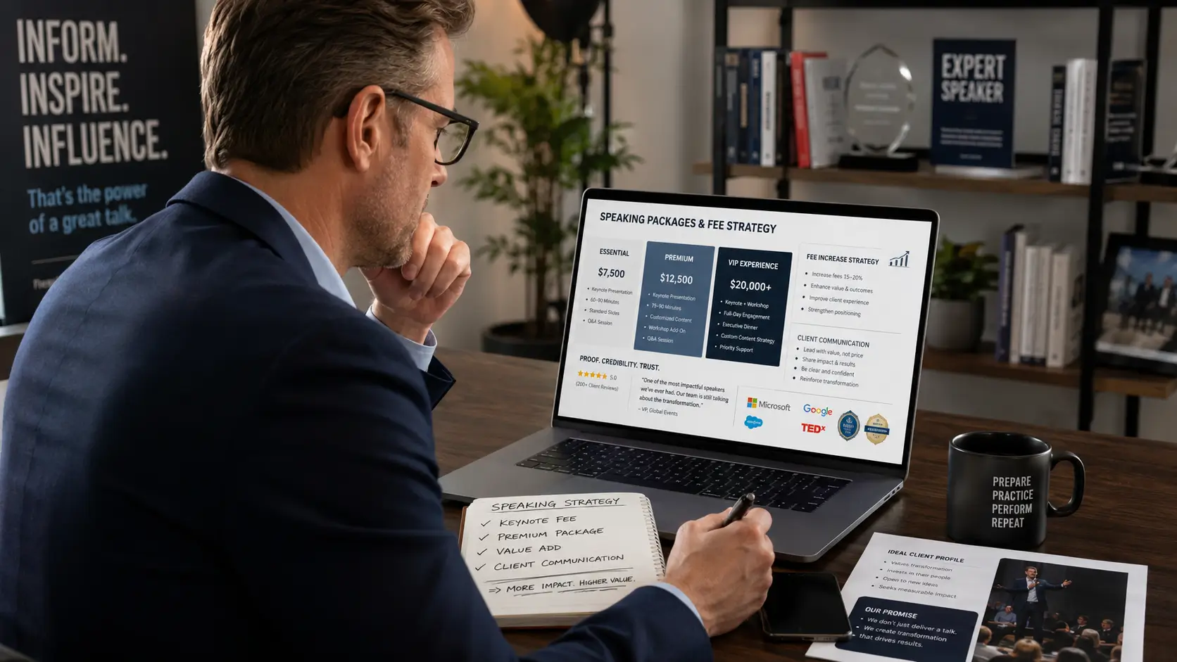 Professional speaker reviewing fee strategy, how to raise your speaking fee without losing clients using tiered communication and credential-supported positioning