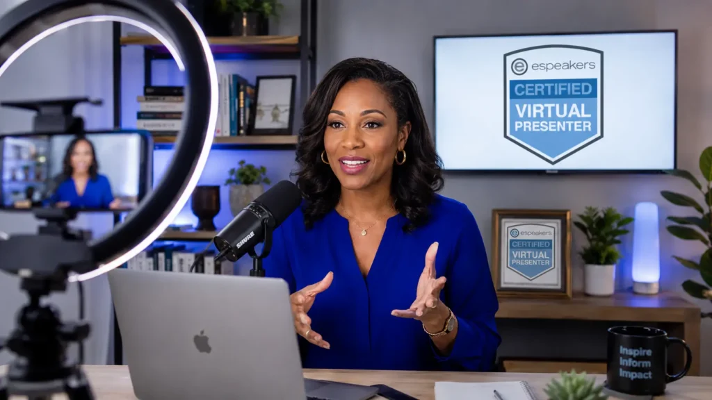 Professional speaker presenting virtually from a well-lit home studio with external camera, ring light, and clean background — setup required for CVP certification