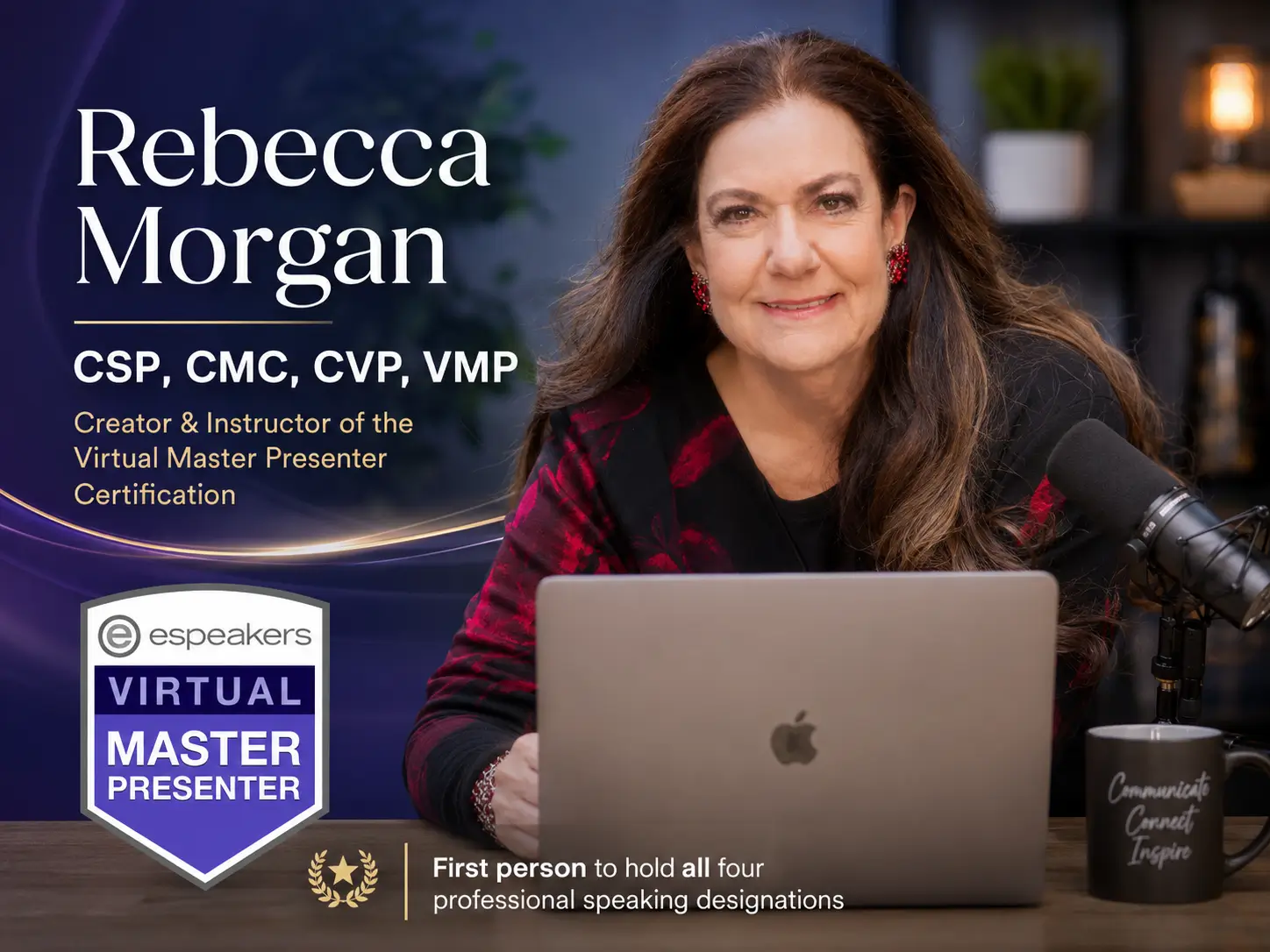 Rebecca Morgan CSP CMC CVP VMP, creator and instructor of the Virtual Master Presenter certification course, first person to hold all four professional speaking designations