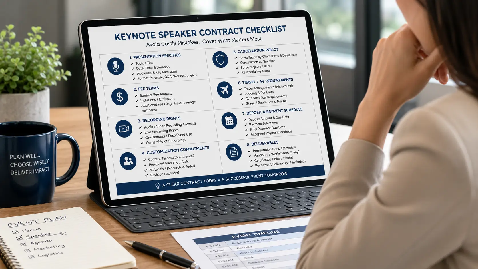 Keynote speaker contract checklist showing essential elements, presentation specifics, fee terms, recording rights, customization commitments, and cancellation policy