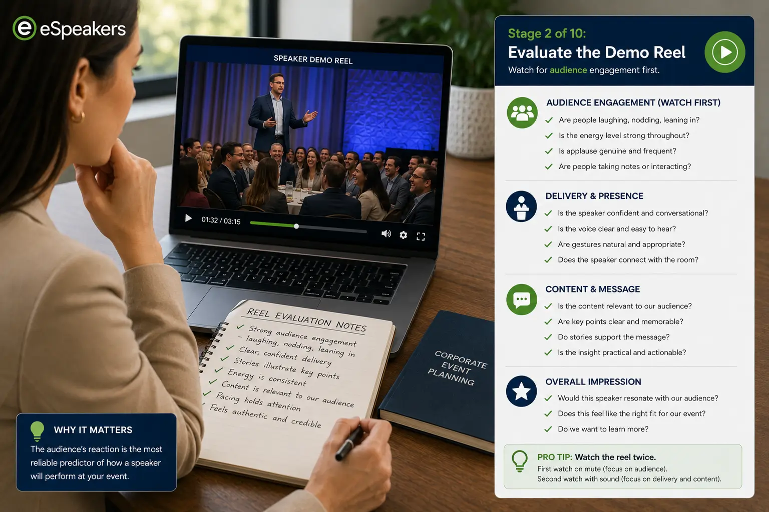Meeting planner evaluating speaker demo reel, watching for authentic audience engagement, delivery quality, and content relevance as part of the 10-stage corporate speaker vetting checklist