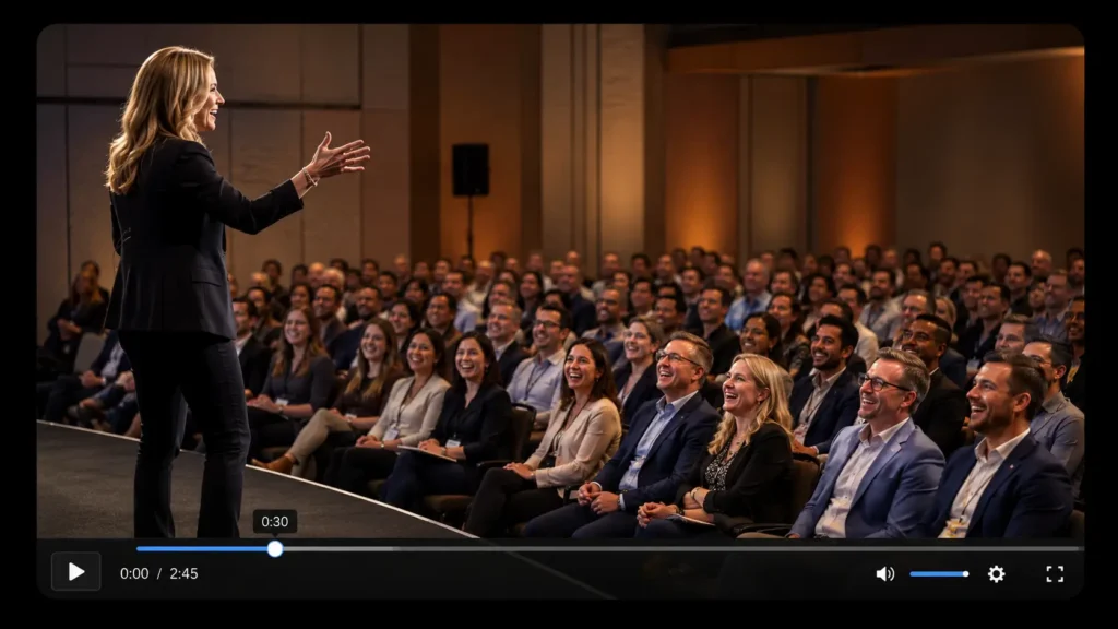 Speaker demo reel best practice, opening with authentic audience engagement and laughter within the first 30 seconds rather than logos or credential recitation