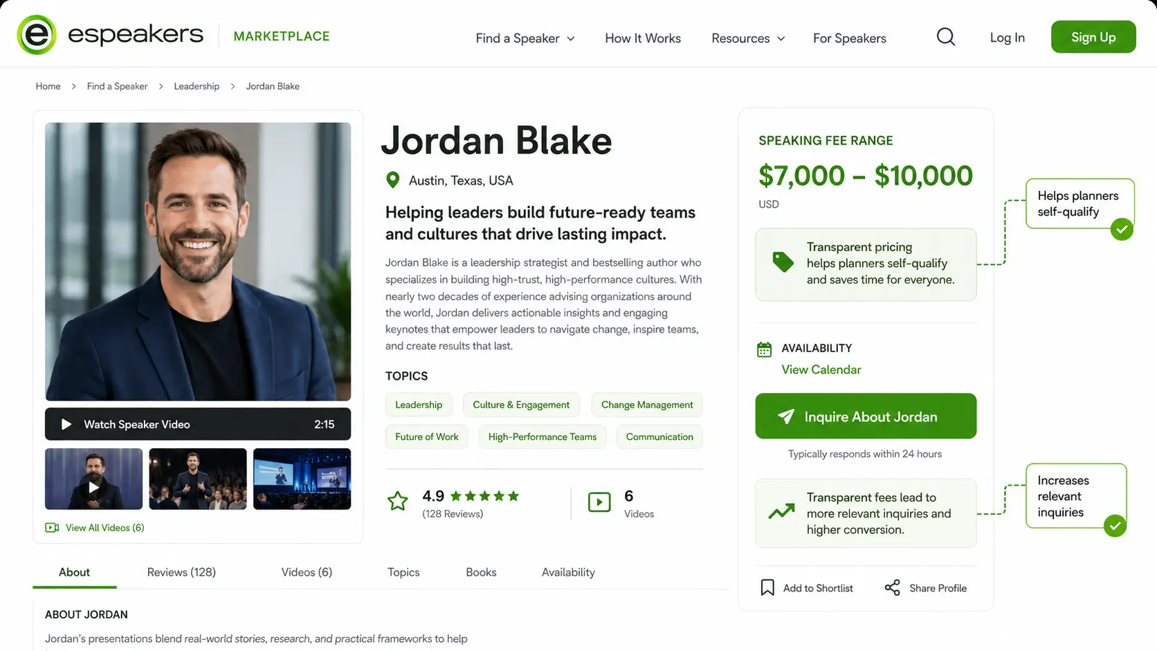 eSpeakers Marketplace speaker profile showing fee range display field, displaying your speaking fee range helps planners self-qualify and increases relevant inquiries