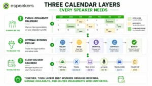 Diagram showing three calendar layers for professional speakers, public availability, internal booking pipeline, and client delivery calendar