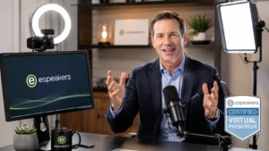 CVP-certified virtual keynote speaker presenting from professional studio setup, external camera, dedicated lighting, clean background, and external microphone verified by eSpeakers certification