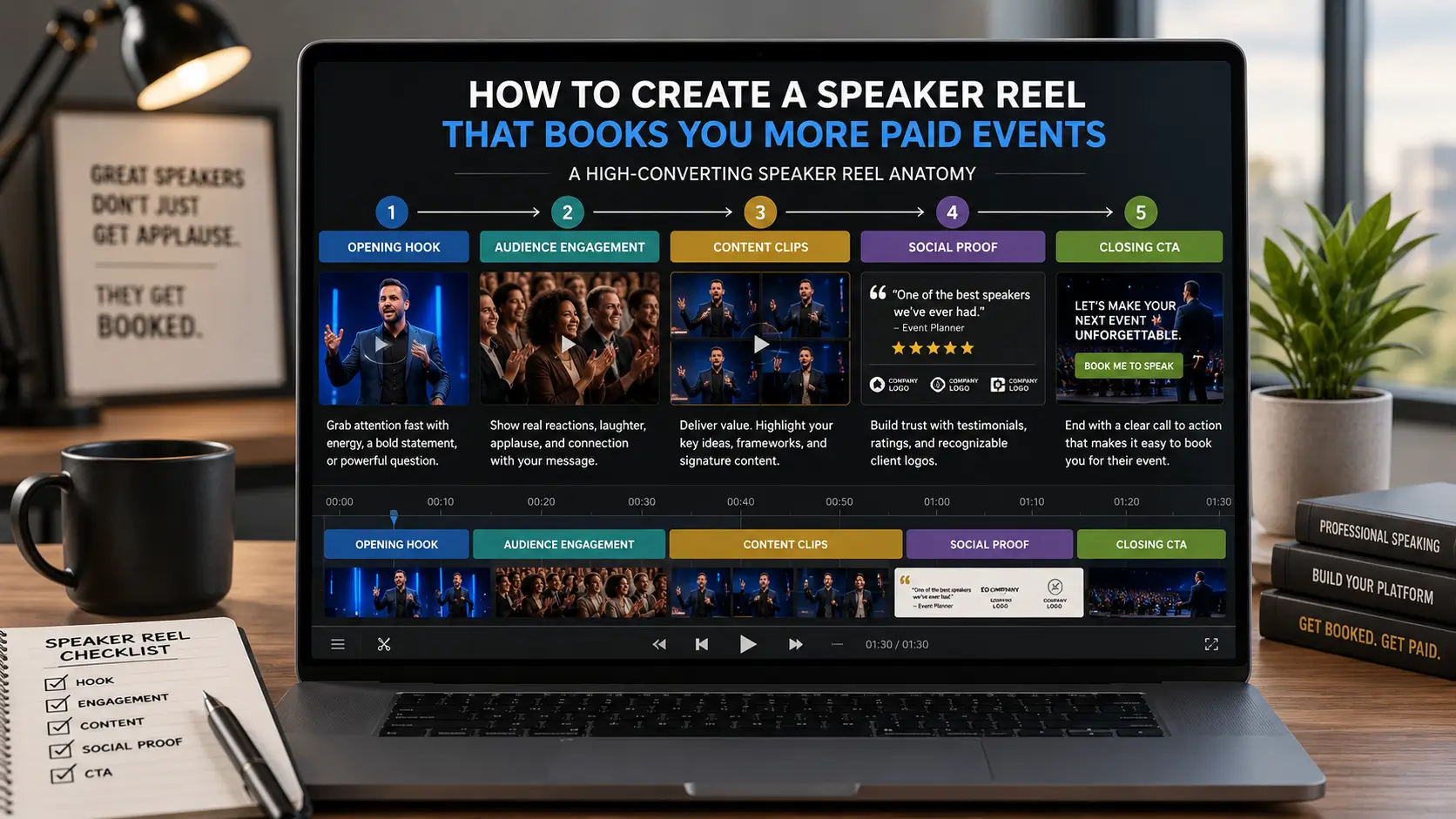 Anatomy of a speaker demo reel that books paid events, opening hook, audience engagement footage, content clips, social proof, and closing CTA structured for maximum planner impact