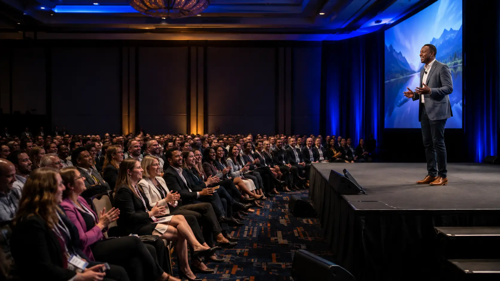 Speaker reel wide shot showing authentic audience reaction, laughter, engagement, and forward lean, the most important signal meeting planners look for when evaluating a keynote speaker