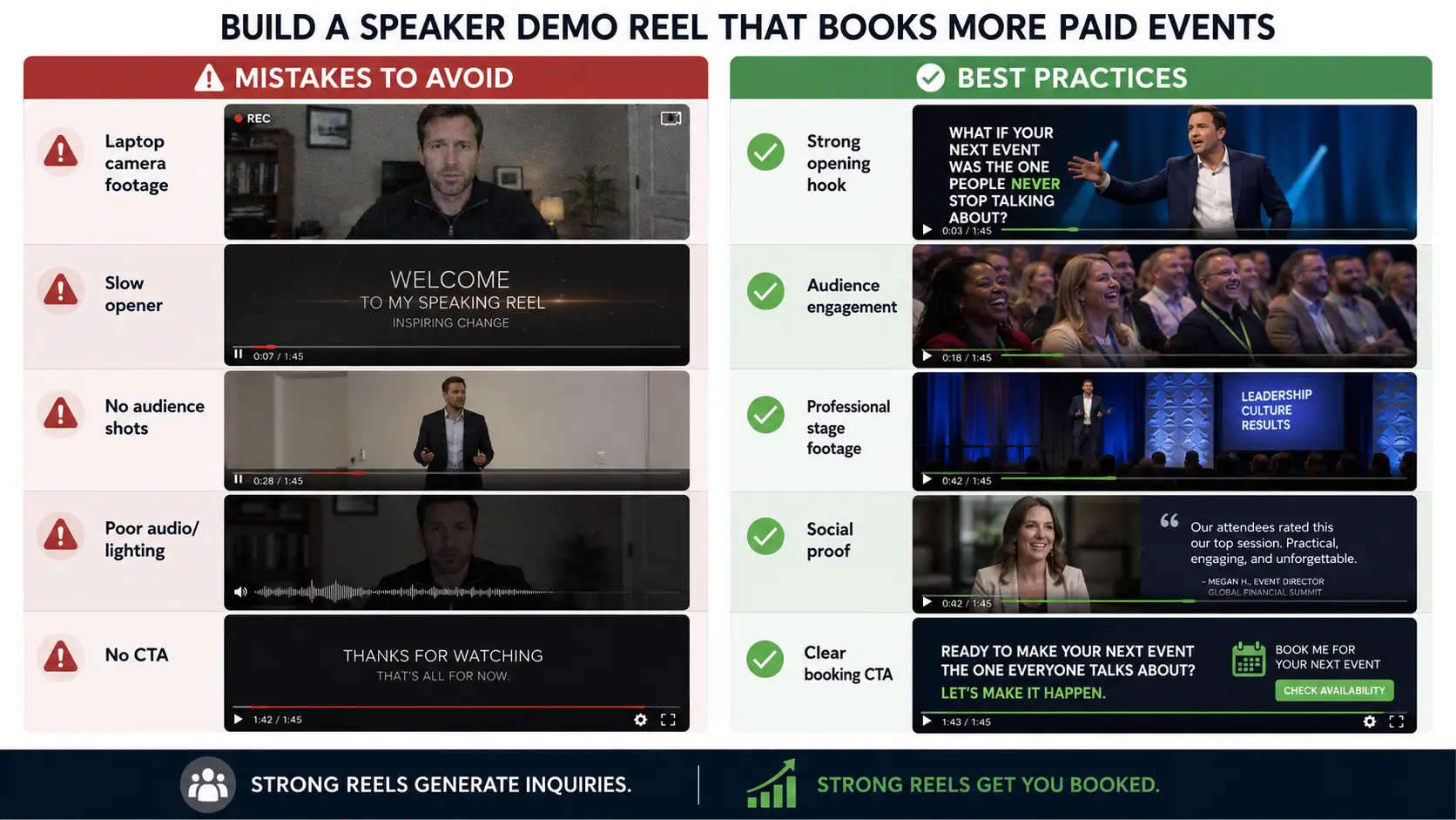 Speaker reel mistakes to avoid, laptop camera footage, slow opener, no audience shots, compared to best practices for a demo reel that generates planner inquiries and speaking bookings