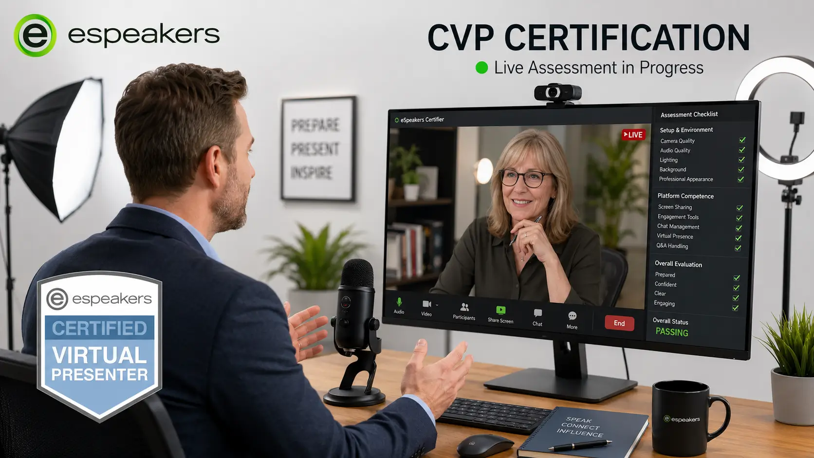CVP Certified Virtual Presenter live assessment session with eSpeakers certifier, testing equipment quality, environment, and platform competence for virtual keynote speaker certification