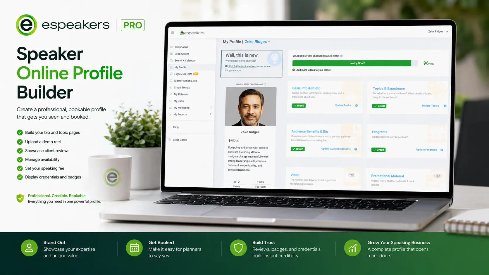Examples of high-converting speaker profiles on eSpeakers Marketplace showing demo reel, 5+ verified reviews, current availability, credential badges, and outcome-focused topic pages