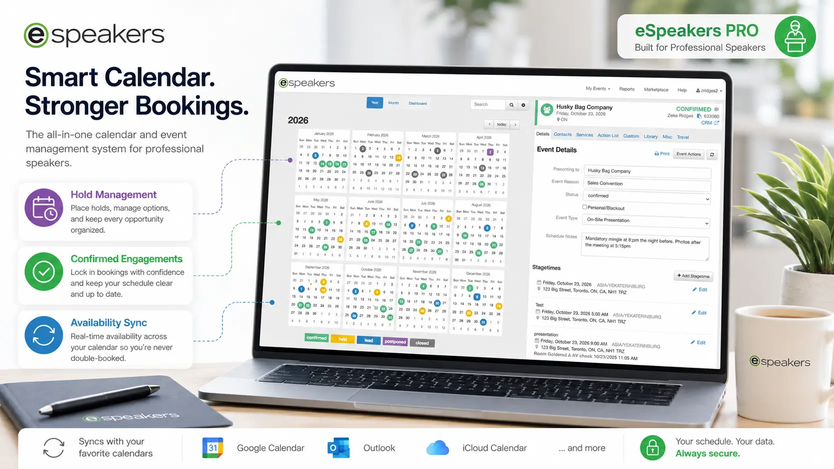 eSpeakers Calendar showing holds, confirmed engagements, and availability sync, professional speaker calendar management software included with PRO