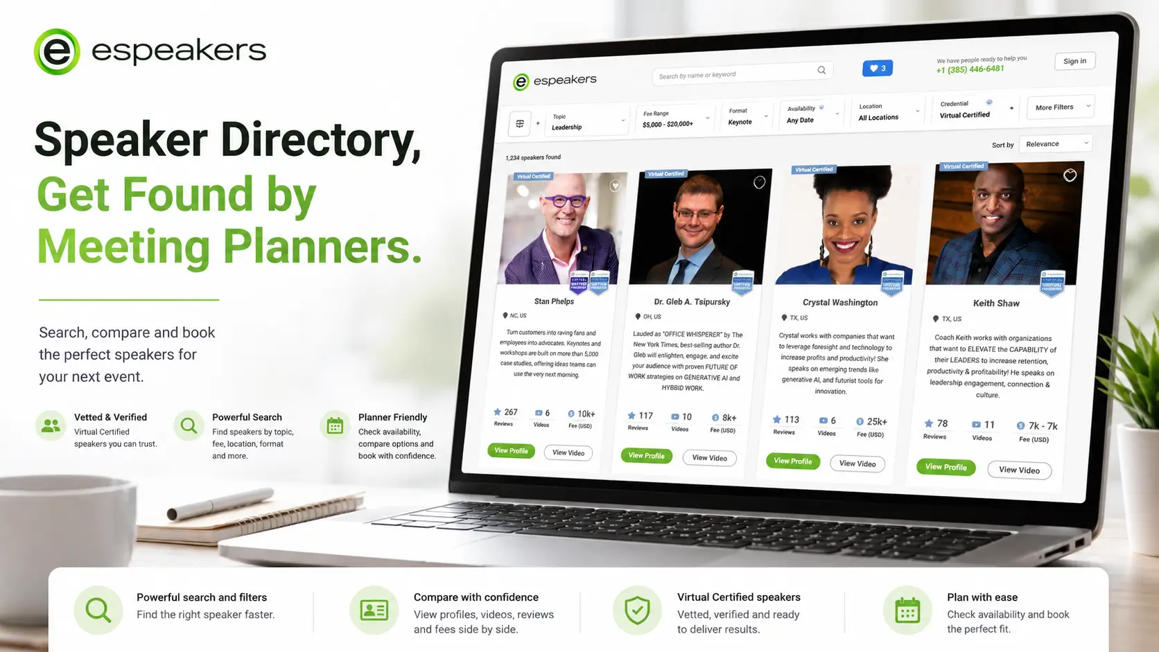 eSpeakers speaker directory homepage showing search interface for meeting planners and speaker listing options, the world's leading online speaker directory for events