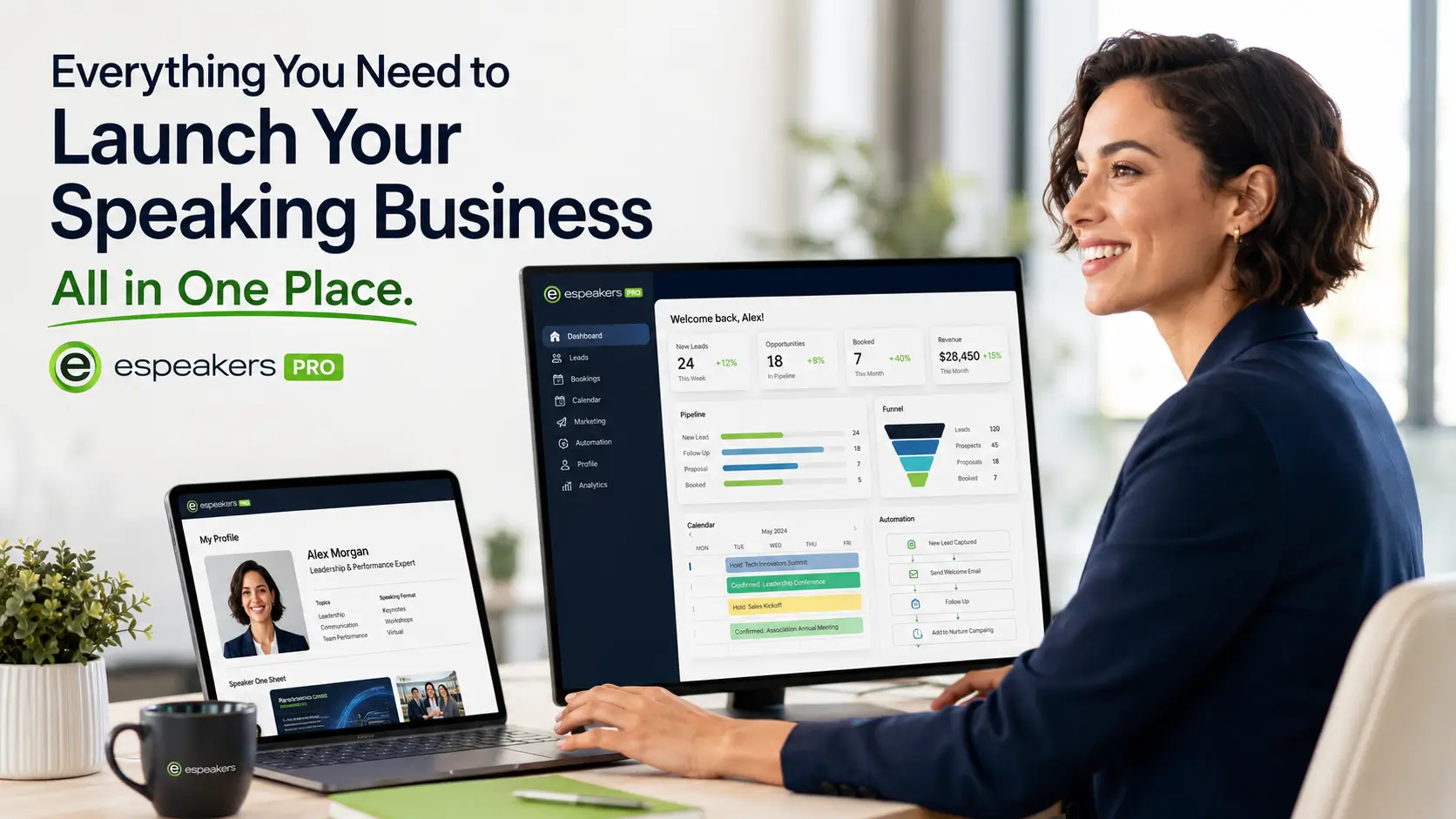 New professional speaker building their speaking business with eSpeakers PRO, profile, CRM, marketing funnels, and booking calendar to launch a paid speaking career