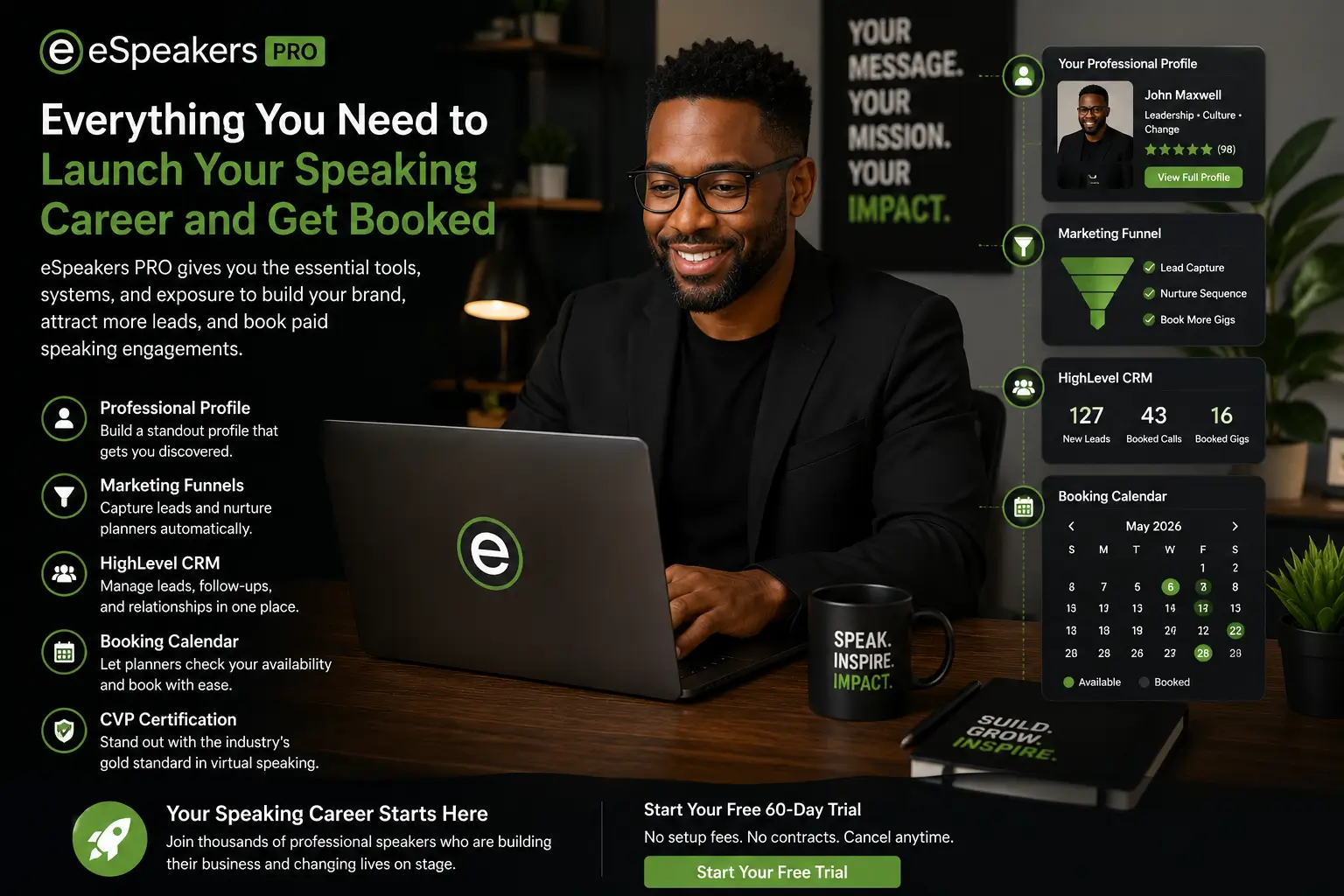eSpeakers PRO speaker profile builder showing bio section, topic pages, demo reel upload, and credentials, how to build a professional speaker profile that gets you booked