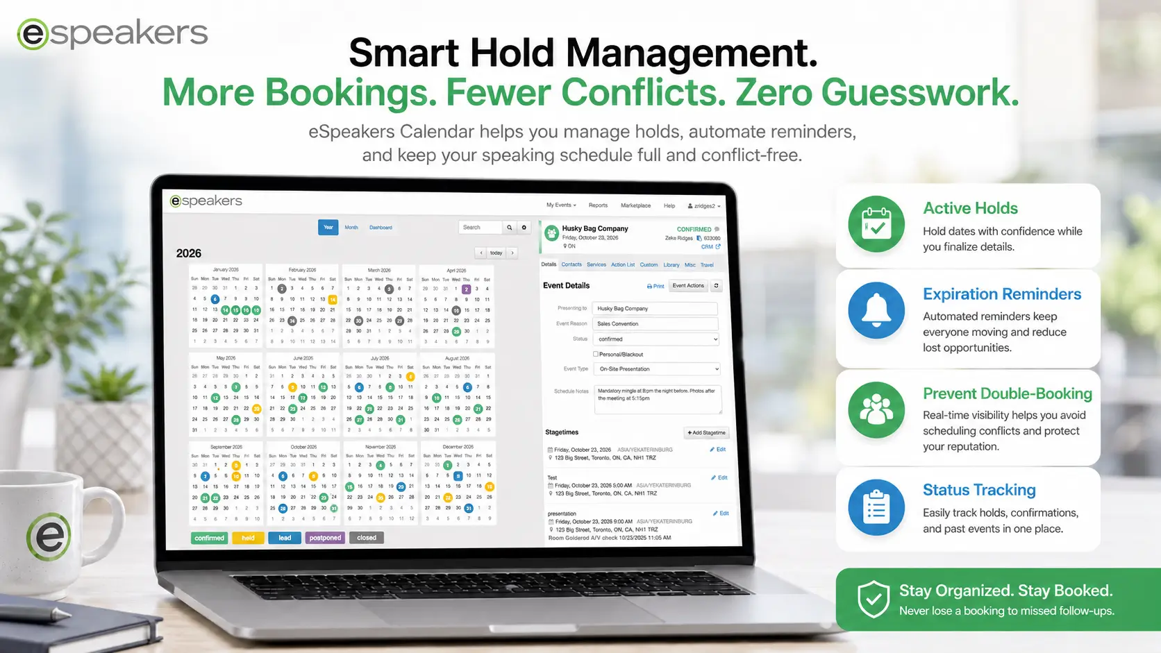 Speaker calendar hold management system in eSpeakers Calendar, tracking active holds with automated expiration reminders to prevent lost bookings and double-booking