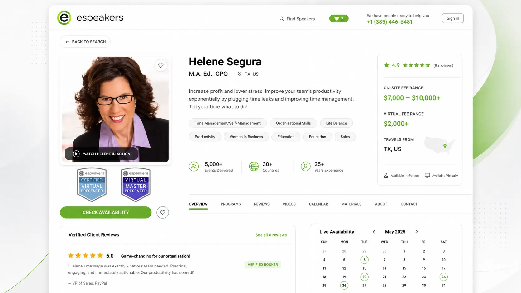 : Professional speaker profile showing CVP, VMP certification badges on eSpeakers Marketplace, credentials that help speakers get booked more and earn higher fees