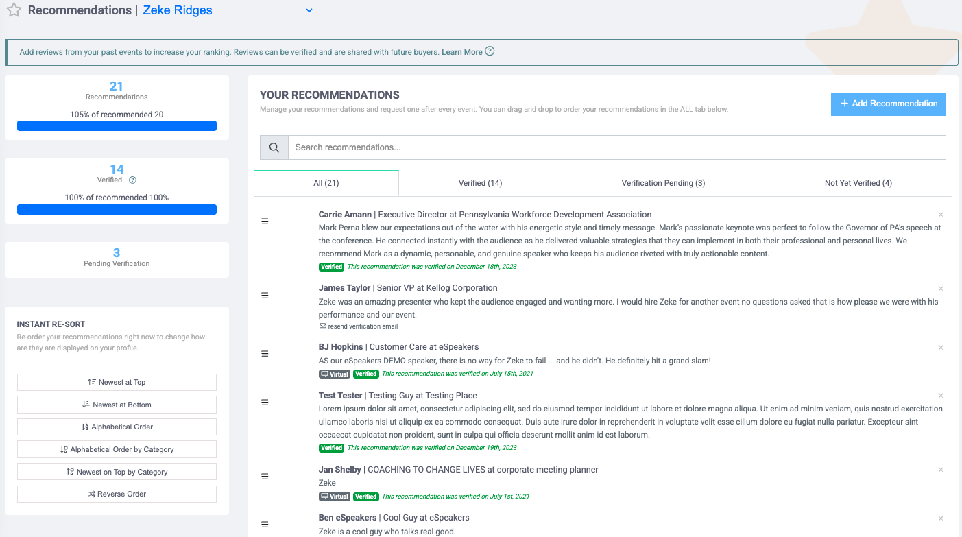 Speaker profile recommendations page on eSpeakers tracking verified, pending, and unverified client reviews