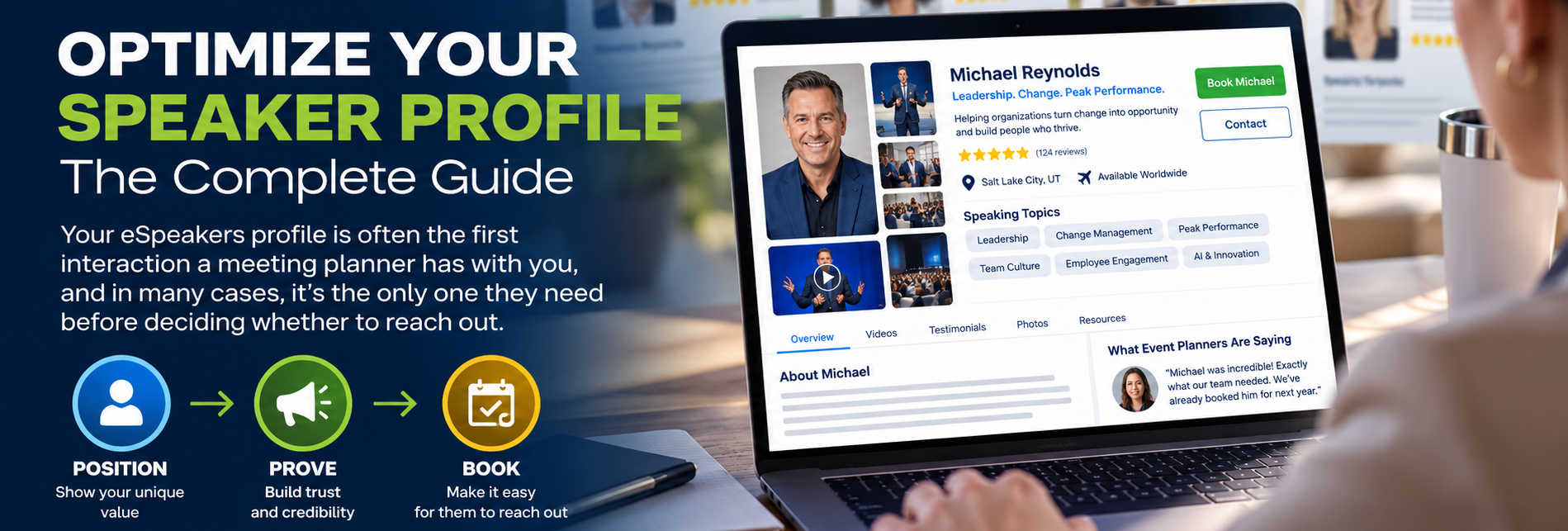 Optimize Your Speaker Profile, The Complete Guide: an eSpeakers speaker profile on a laptop with the three steps position, prove, and book