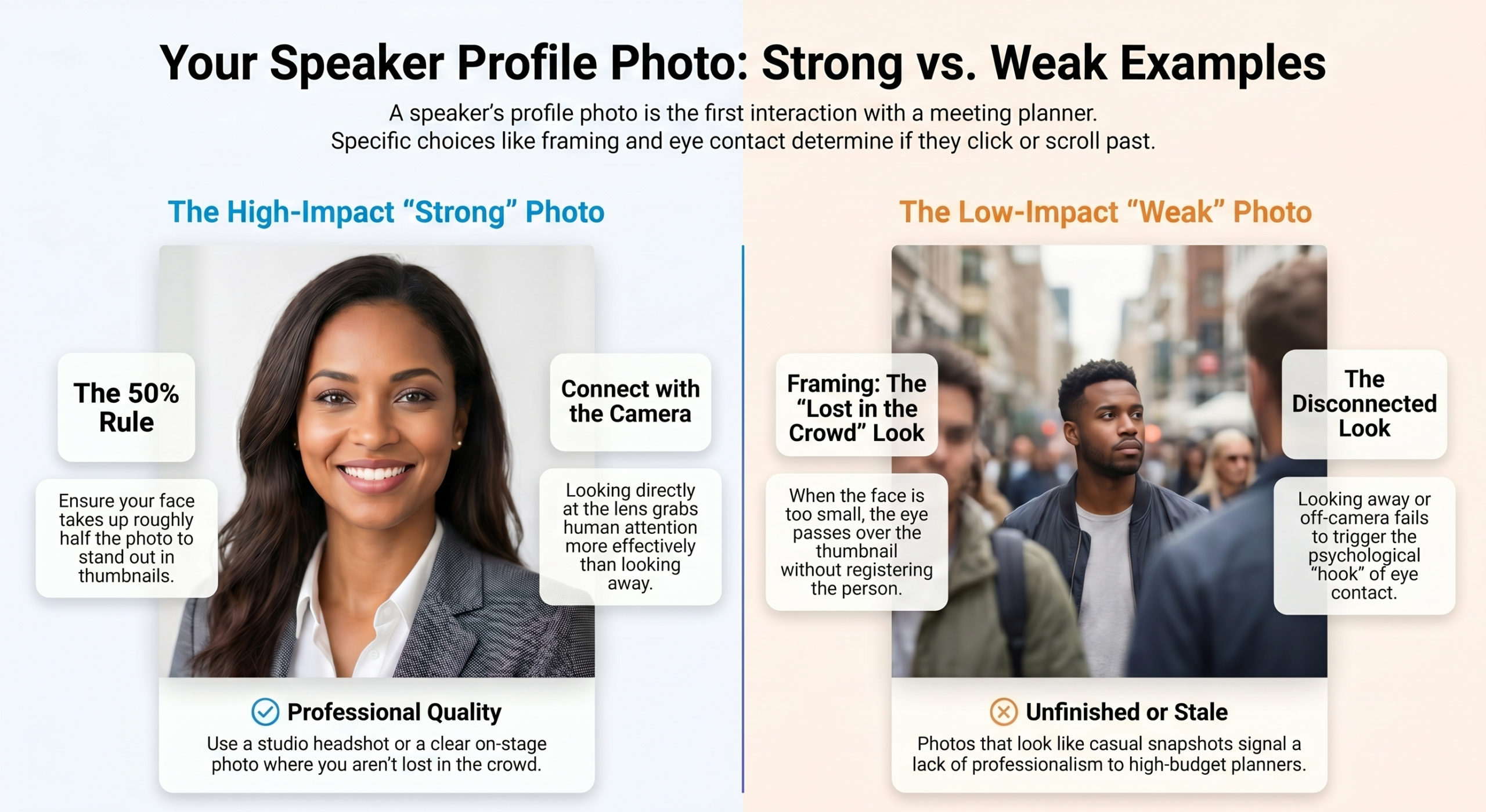 Speaker profile photo examples comparing a strong headshot with direct eye contact to a weak, crowded photo where the speaker looks away