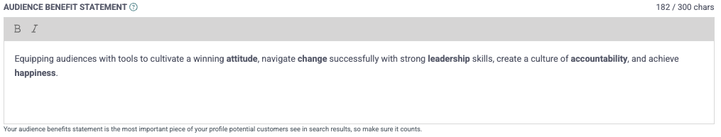 Audience benefit statement field in the eSpeakers speaker profile editor with its 300-character counter