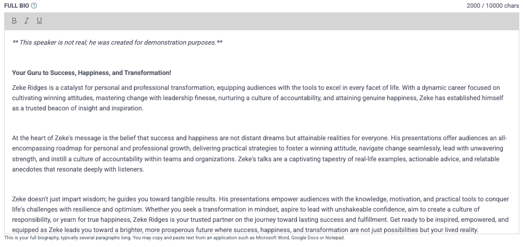 Speaker bio editor in the eSpeakers profile with bold, italic, and underline formatting toolbar for readable bios
