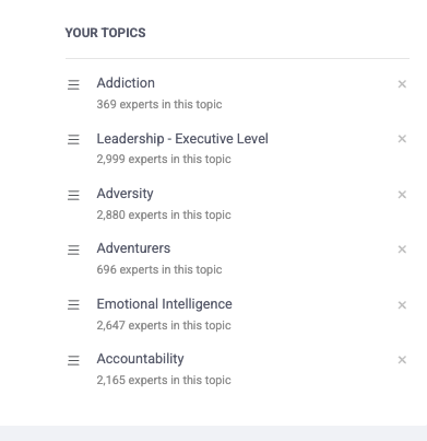 Speaker profile topics list in the eSpeakers editor showing six topics ordered with the primary topic first